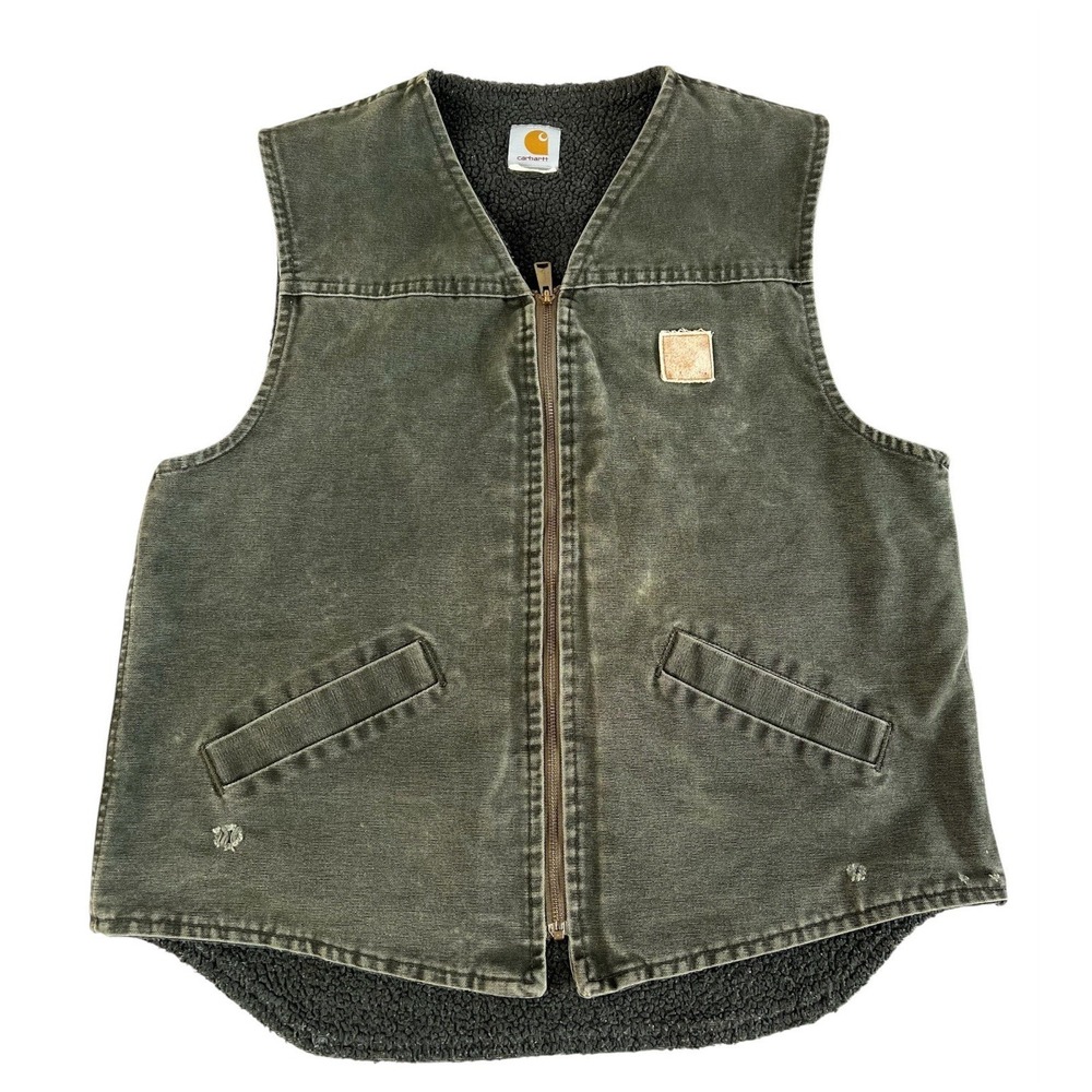 Vtg Carhartt Vest Men's ‎ Moss Green Duck Canvas  Sherpa Lined Y2K